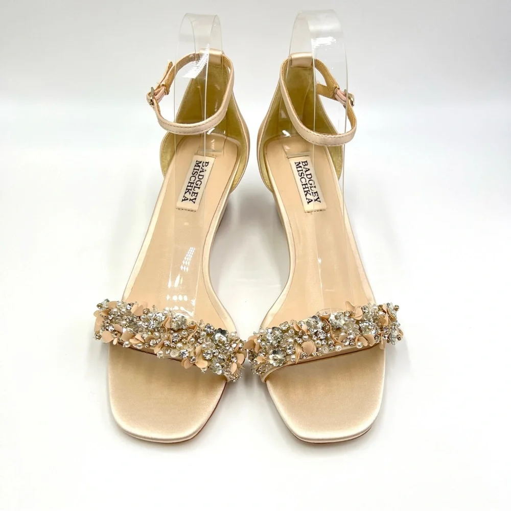 Badgley Mischka Size 7 Nude Satin Jeweled Low Wedges Heels Dress Sandals Shoes‎